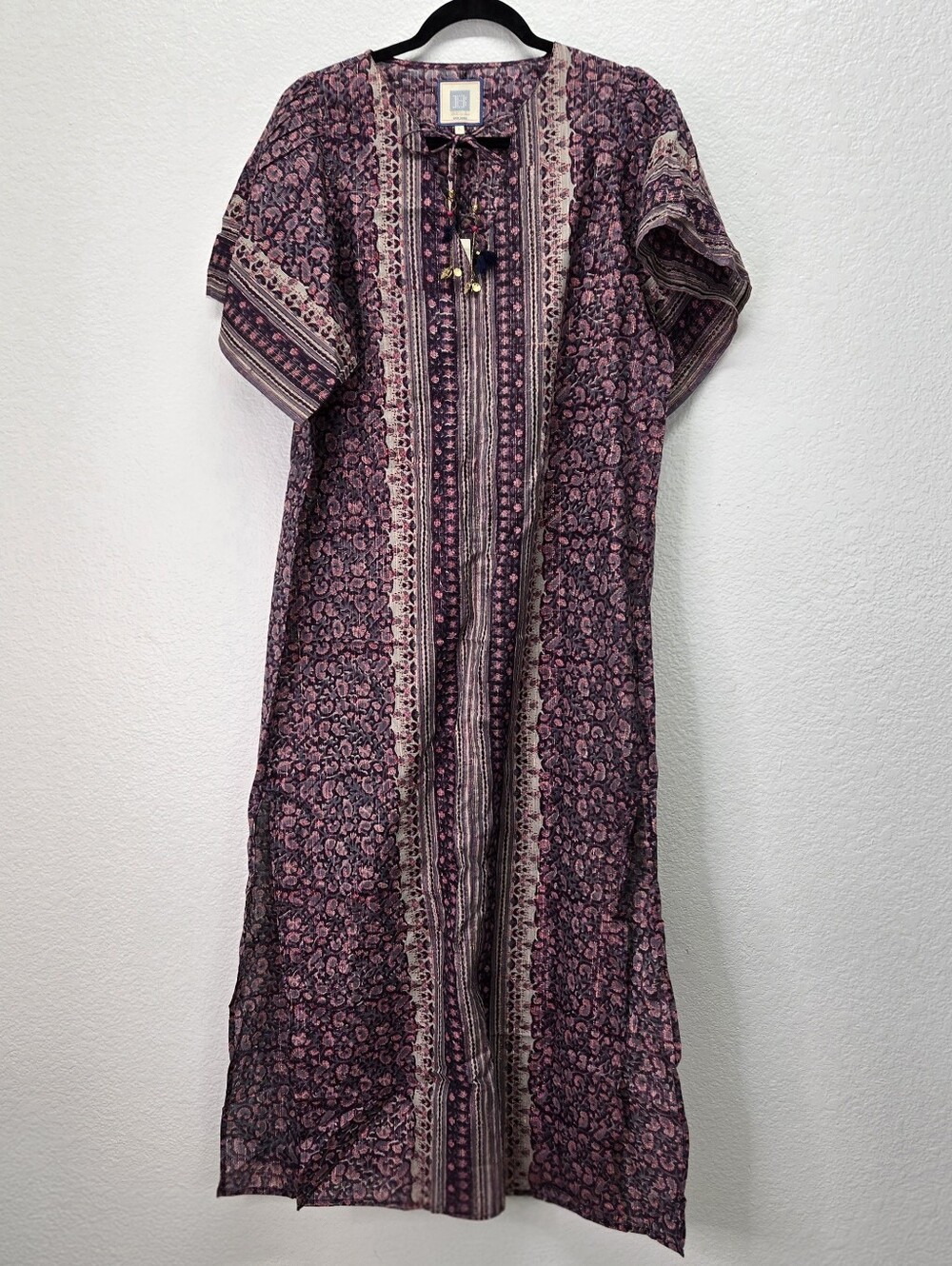 Bell by Alicia Bell Silk Cotton Voile Block Print Maxi Kaftan Tunic Dress L NWT